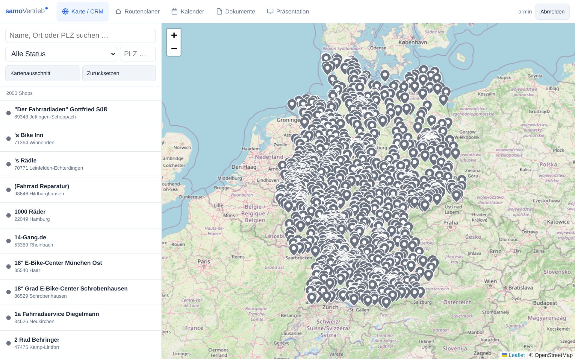 samoVertrieb Händler-CRM mit Karte und Händlerliste