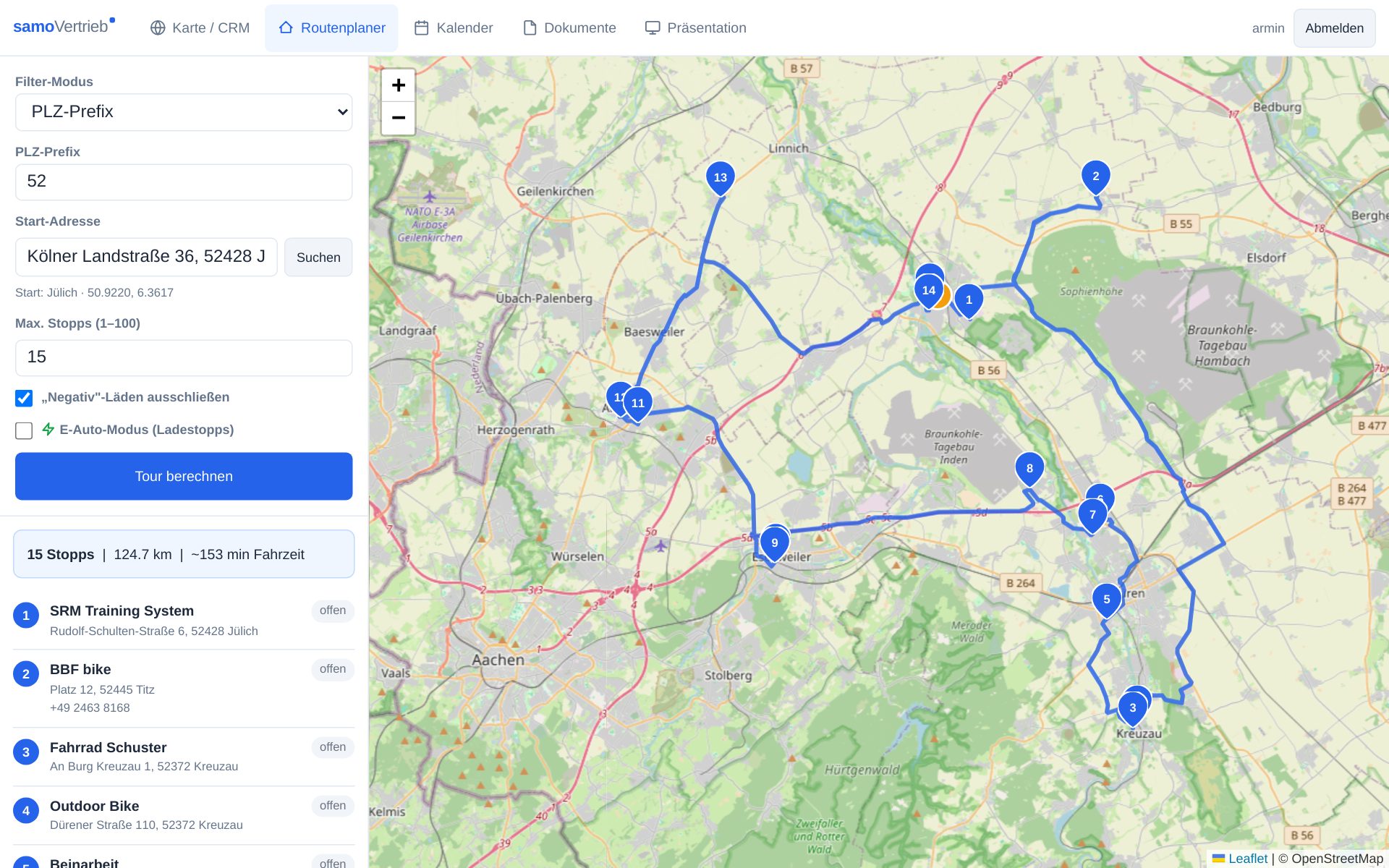 samoVertrieb Routenplaner mit optimierter Tour über 15 Händler