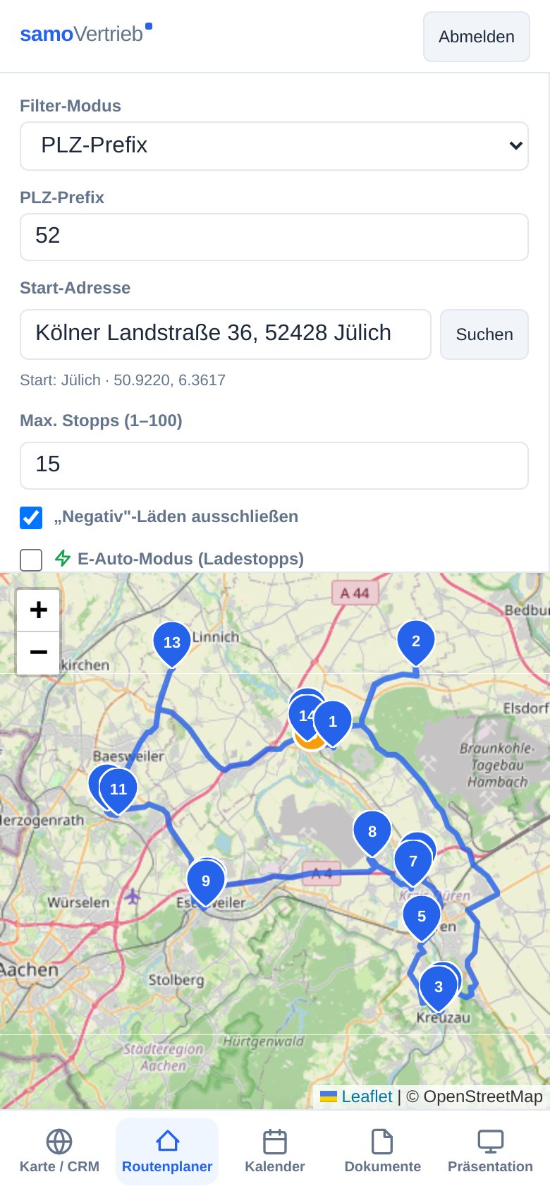 samoVertrieb Routenplaner auf dem Smartphone